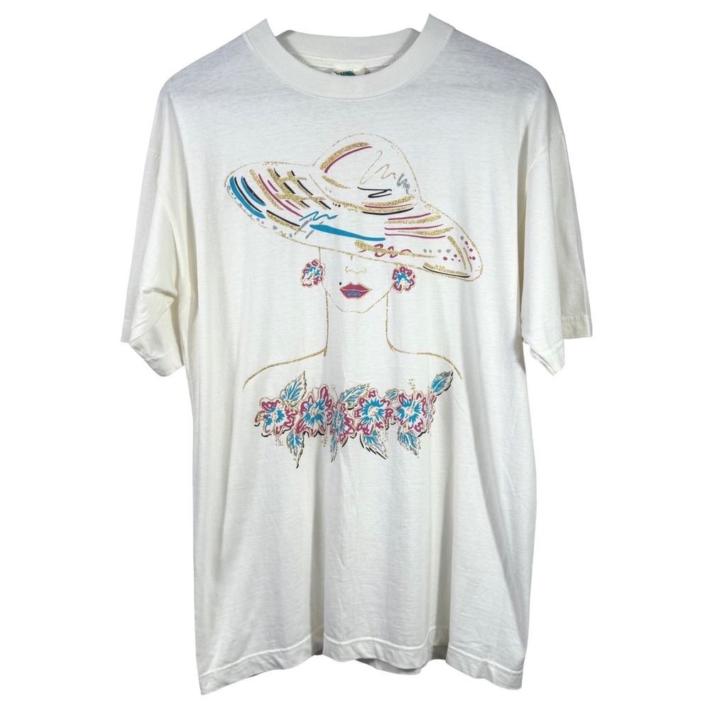 Vtg Tour Champ Single Stitch Graphic T-Shirt Women's Glitter Hat Art Tee L‎ 90s